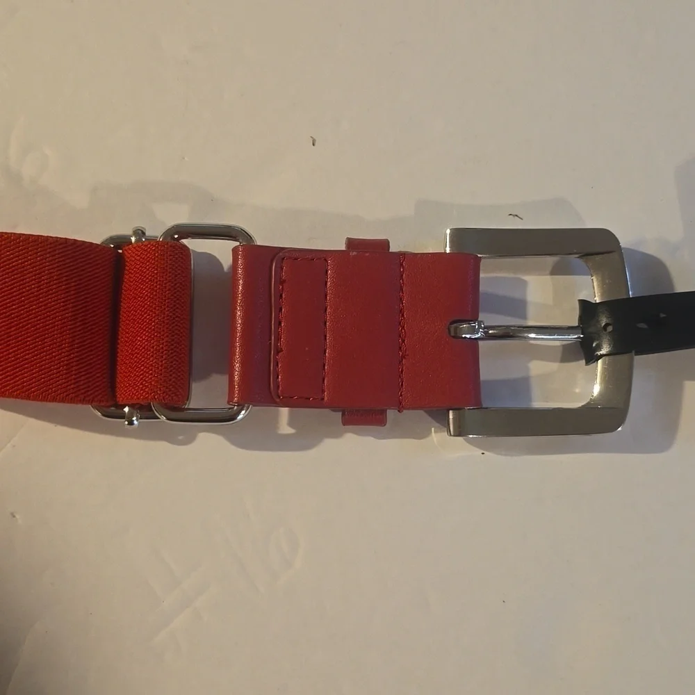 Vintage Mens RED Nylon Elastic Silver Buckle Adjustable Belt Sz.L/XL